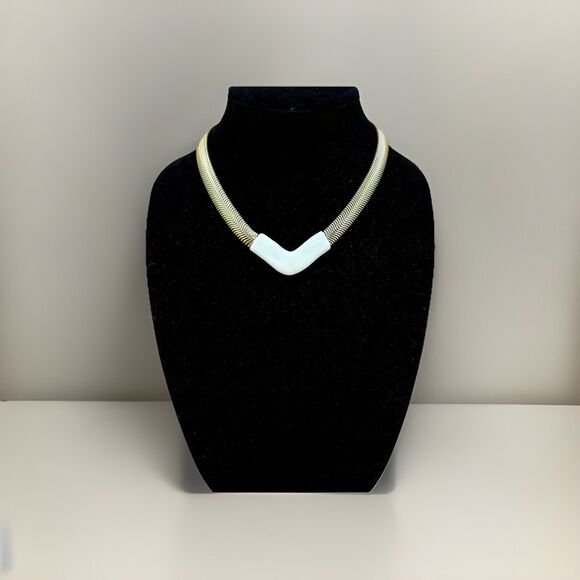 Vintage Gold Tone Collar Necklace With Ivory Chevron Accent, 1980s Statement - Picture 1 of 5